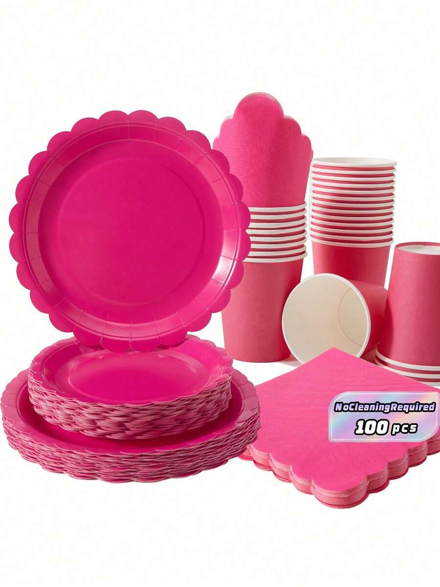 Rose Petal Disposable Plate, Napkin, And Paper Cup Set, Rose Petal Plate, Napkin, And Paper Cup Party Supplies, Suitable For 25 Guests, Disposable Paper Plate Party Tableware Suitable For Birthday Weddings, Parties, And Family Picnics - Multicolor - View 1