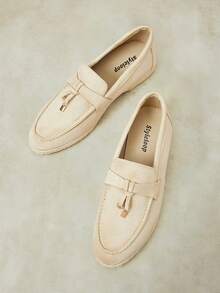 Styleloop Tassel Woven Grass Bottom Square Round Toe Flat Bottom Loafers, Gentle Khaki Matte Leather Slouchy Slip-On Casual Fisherman Beanie Shoes Fall Shoes - Light khaki - View 5