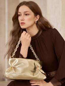 MOTF WOMEN'S FASHION GOLD SHOULDER BAG, EXQUISITE HARDWARE AND CHAIN DECORATION, SIMPLE CLUTCH BAG, FOR DAILY, COMMUTING, SHOPPING, FESTIVALS, PARTIES - Gold - View 5