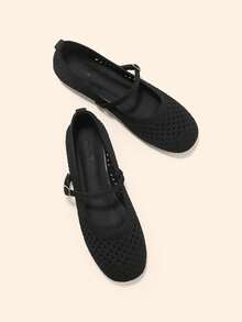 CUCCOO BASICS Women's Breathable Knitted Mary Jane Flats, Hollow Round Toe Adjustable Buckle Soft Sole Single Shoe - Black - View 7