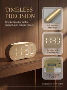 Teckwe 1PC Wood Look LED Digital Alarm Clock, Oval Curved Bedside Table Clock With Dual Alarms, Week & Time Display, Electronic Desk Clock For Bedroom Home Decor - multicolor - View 3