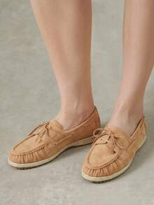 Styleloop Lace-Up Metal Hole Straw Bottom Square Round Toe Flat Bottom Loafers, Gentle Camel Imitation Suede Slouchy Casual Fisherman Doudou Shoes Fall Shoes - Camel - View 5