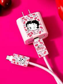 Betty Boop x SHEIN 3件組數據線保護套，適用於充電器，櫻桃印花圖案，充電器保護套（不含數據線） - 粉色 - 查看 2