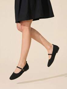 CUCCOO BASICS Women's Breathable Knitted Mary Jane Flats, Hollow Round Toe Adjustable Buckle Soft Sole Single Shoe - Black - View 4