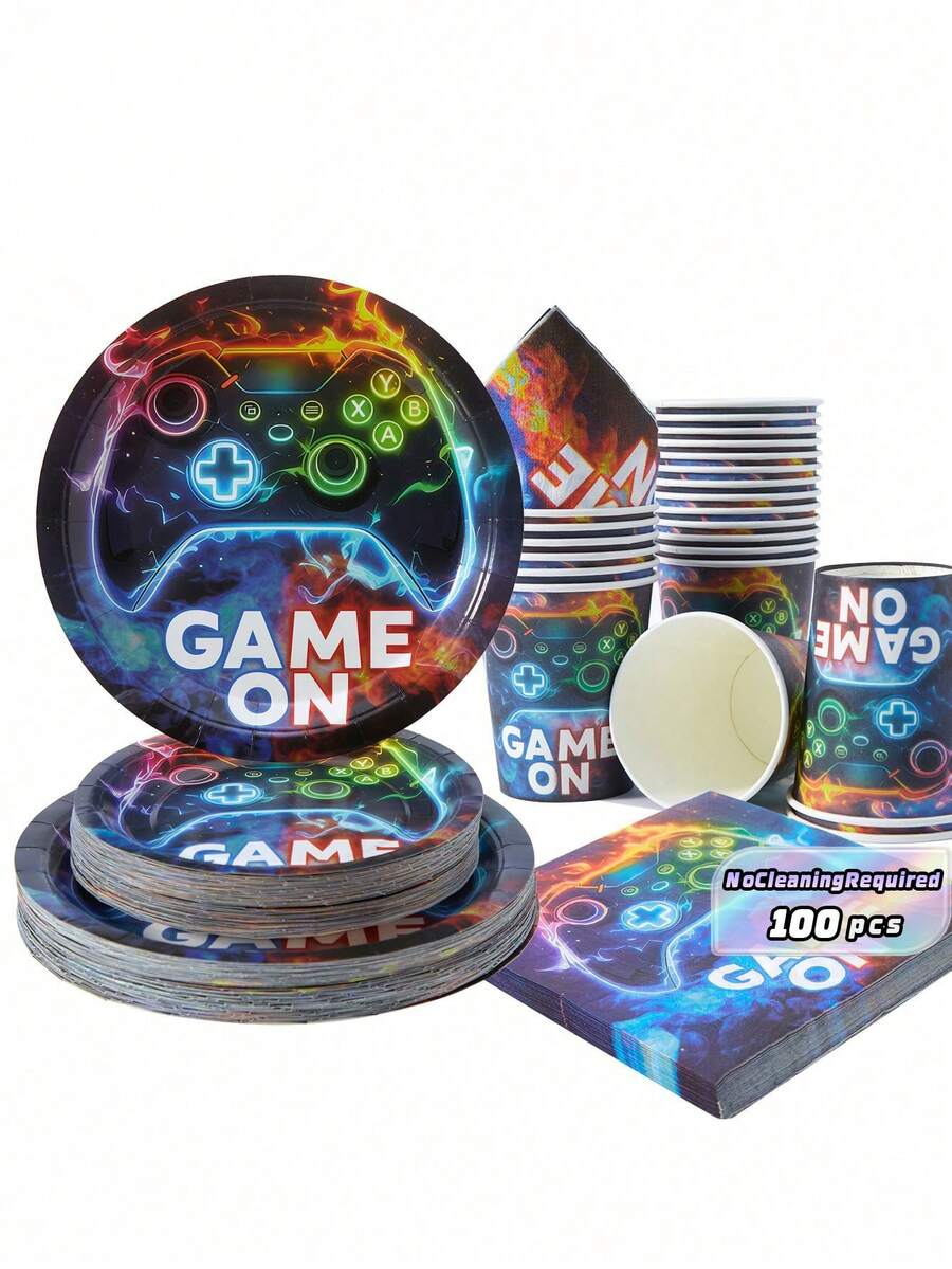 100-Piece Flame Game Machine Party Tableware Set, 7/9-Inch Disposable Paper Plates, Game Machine-Themed Party Decorative Paper Plates, Paper Cups, And Napkins, Disposable Paper Plates, Paper Cups, And Paper Towels, Game Machine-Themed Party Supplies - Multicolor - View 1