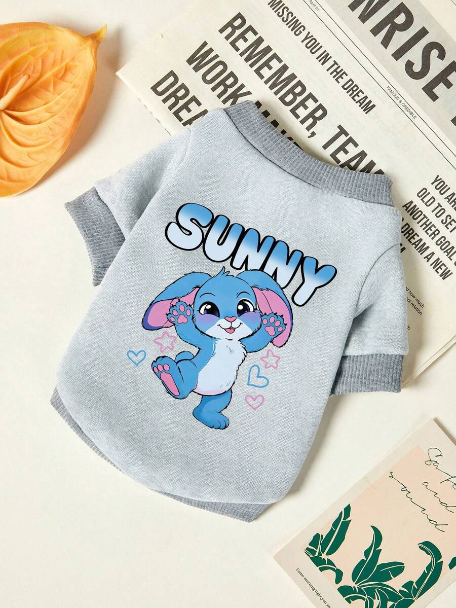 PETSIN 1pc Cute Blue Rabbit Love Star Printed Pet Light Grey Soft And Comfortable Warm Pet Clothes - Multicolor - View 1