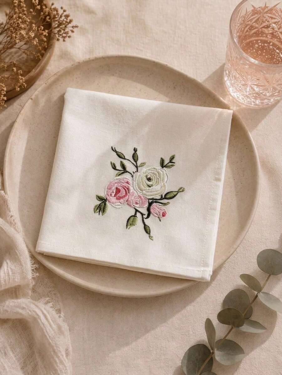 Cirelle 1/2/4 Buah Serbet Linen Bordir Mawar Vintage, Serbet Meja Persegi yang Dapat Digunakan Kembali untuk Resepsi Pernikahan, Dekorasi Meja Makan - MultiWarna - View 1