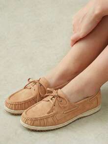 Styleloop Lace-Up Metal Hole Straw Bottom Square Round Toe Flat Bottom Loafers, Gentle Camel Imitation Suede Slouchy Casual Fisherman Doudou Shoes Fall Shoes - Camel - View 7