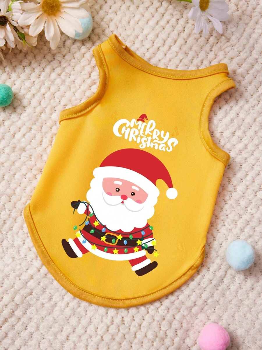 PETSIN 1 PC Cute Santa Claus Christmas Pattern Printed Pet Tank Top Yellow Soft, Comfortable, Breathable Pet Clothing - Multicolor - View 1