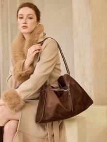 MOTF WOMEN'S FASHION BROWN TOTE BAG, EXQUISITE STRAP BUCKLE, RETRO IMITATION SUEDE LARGE-CAPACITY SHOULDER BAG, FOR DAILY, COMMUTING, SHOPPING, TRAVEL - Coffee - View 1