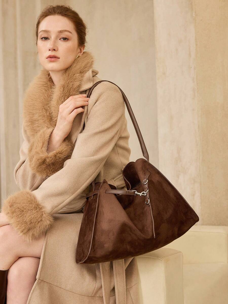 MOTF WOMEN'S FASHION BROWN TOTE BAG, EXQUISITE STRAP BUCKLE, RETRO IMITATION SUEDE LARGE-CAPACITY SHOULDER BAG, FOR DAILY, COMMUTING, SHOPPING, TRAVEL - Coffee - View 1