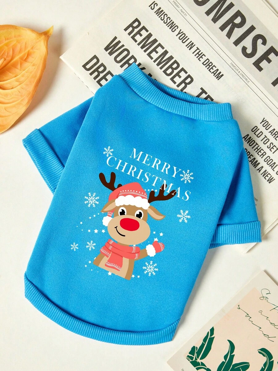 PETSIN 1 buah Baju Hewan Peliharaan Lucu dengan Syal Merah Motif Rusa Natal dan Kepingan Salju, Warna Biru, Lembut dan Nyaman, Hangat - MultiWarna - View 1