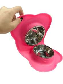 1pc Stainless Steel Double Bowl Anti-Spill Pet Feeder With Non-Skid Mat, For Dogs And Cats - Pink - View 5