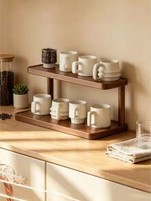 1Pc Large Capacity Dual Layer Wooden Kitchen Organizer Rack Multifunctional Desktop Storage Shelf Coffee Bean Display Cup Holder Spice Rack Tea Cup Glass Holder Snack Book Shelf Natural Wood Color Home Decor Storage Solution Suitable For Wedding - Walnut - View 2