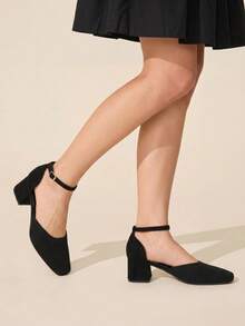 CUCCOO BASICS Women's Square Toe Thick High Heel Black Knitted Hollow Women's Shoes Simple Versatile Commuting Daily Shopping Workplace - Black - View 4