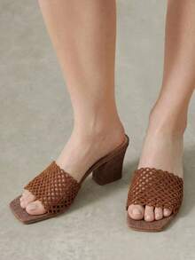 Styleloop Ladies Shoes, Linen Texture, Brown, Open-Toed, Mid-Heeled Sandals, Retro Style, Suitable For Summer French Casual Workplace Vacation. - Light brown - View 4