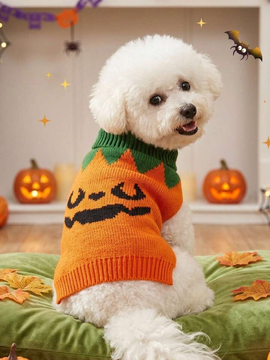 PETSIN 1pc Halloween Funny Expression Pumpkin Pattern Pet Dog Orange Sweater - Multicolor - View 1
