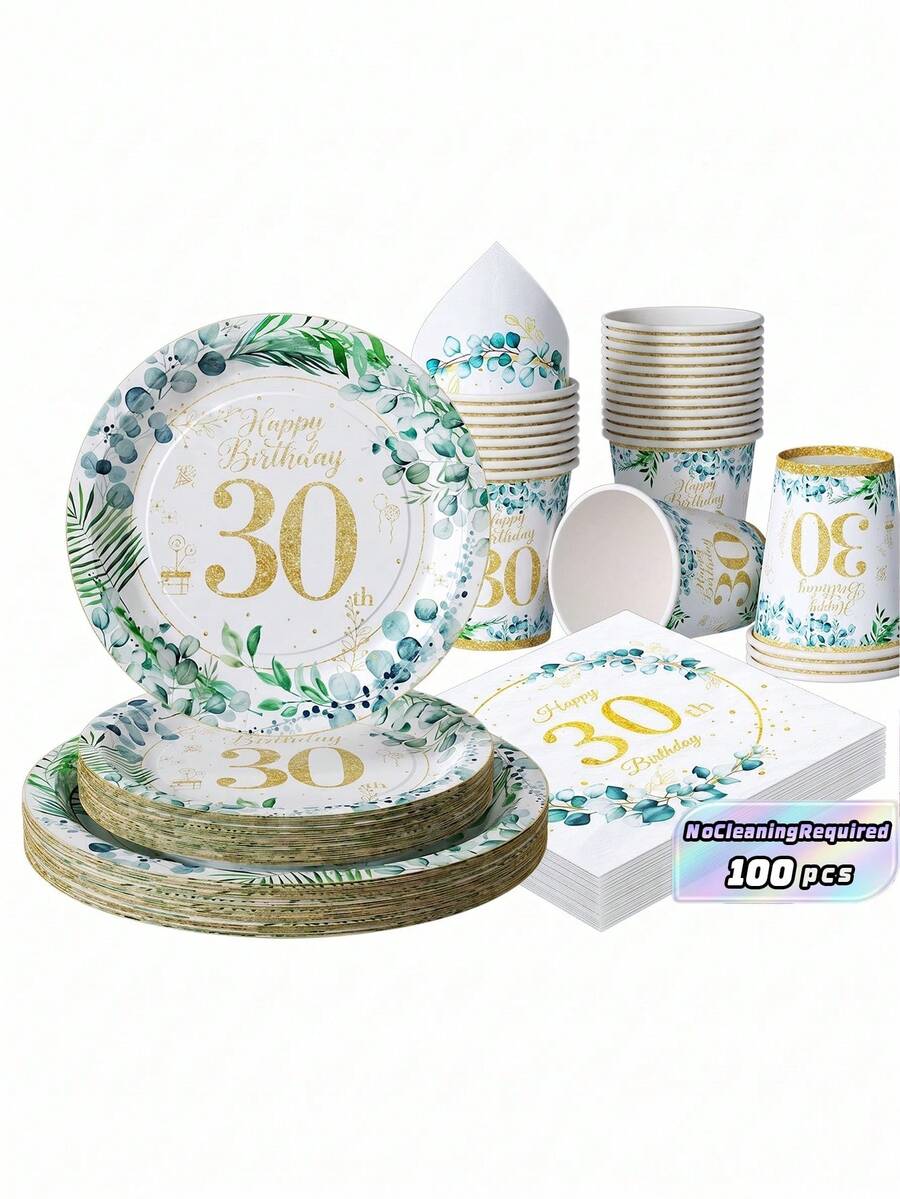 Disposable Plates, Napkins, And Cups With White Background And Green Leaves, 100pcs Disposable Paper Plate Set, Various Choices Of Party Tableware, Very Suitable For Birthday Parties, Family Picnics, Weddings And Other Gatherings. - Multicolor - View 1