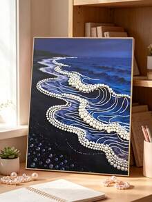1件珍珠海洋波浪海灘牆面藝術版畫，深藍色海洋與黑沙畫布海報，優雅海岸風居家裝飾，適用客廳臥室，30x40cm，無框 - 套裝7 - 查看 2