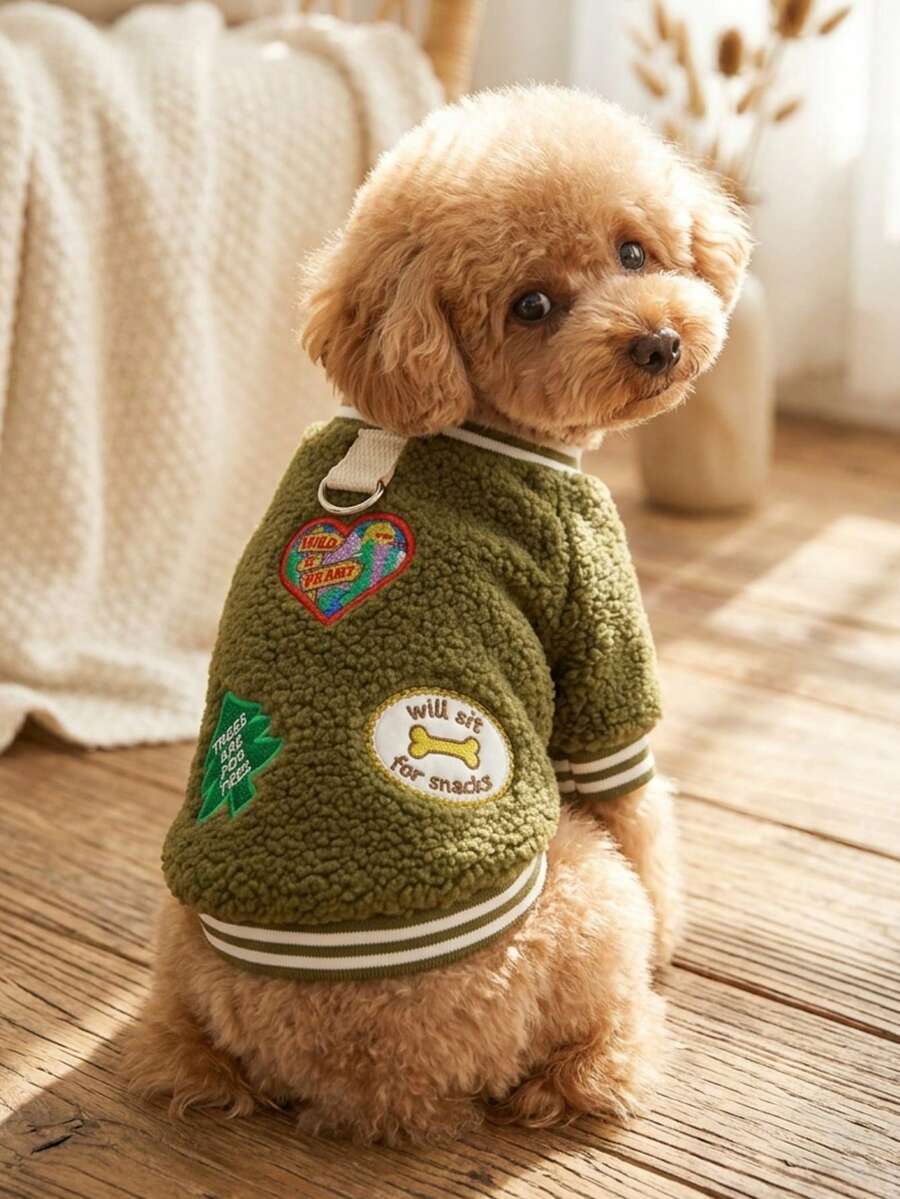 PETSIN 1 Piece Retro Camping Style Plush Pet Baseball Hoodie, Autumn And Winter Thick Warm And Warm Universal Clothes For Cats And Dogs, Small Dogs Outdoor Atmosphere Photo, Home Walking Versatile Top - Army Green - View 1