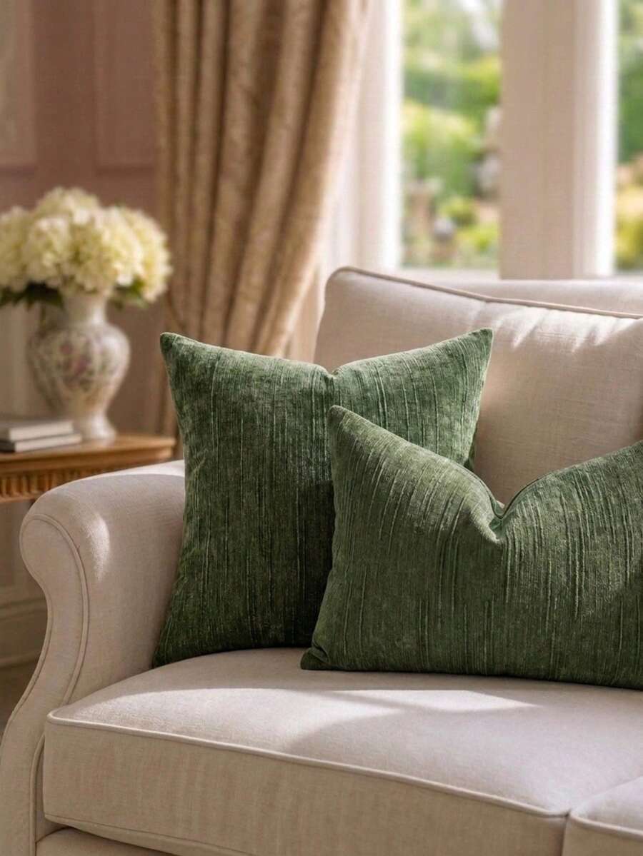 Cirelle 1pc/2pcs All-Season Vertical Textured Chenille Throw Pillow Covers, Solid Color Striped Square Cushion Cases, Neutral Minimalist Farmhouse Boho Decor For Sofa Bedroom Bay Window Homestay, Pillow Insert Not Included - Green - View 1