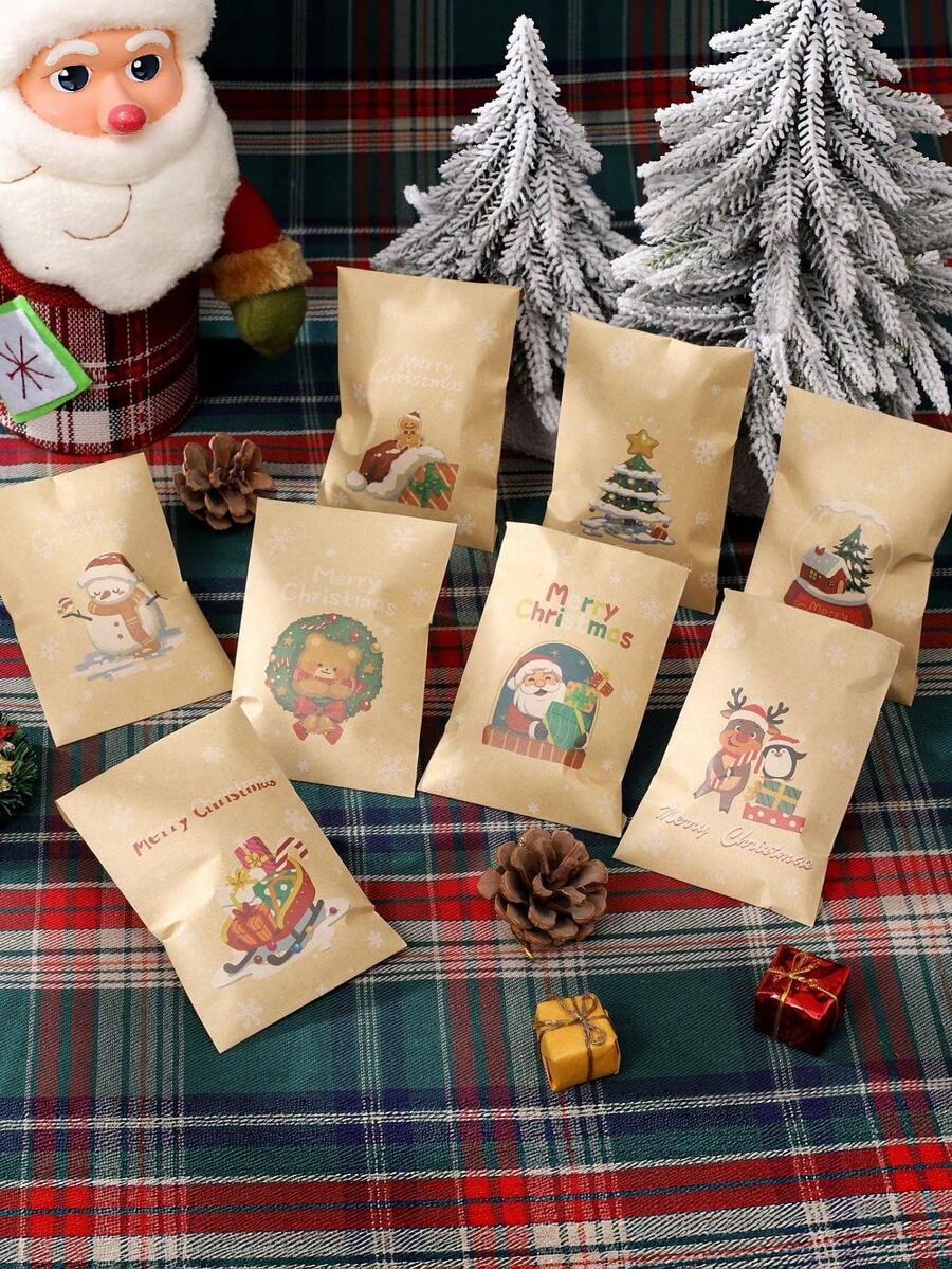 Phong bì Giáng Sinh giấy kraft vintage kèm nhãn dán niêm phong đồng bộ, túi phong bì in Merry Christmas dùng cho thiệp chúc mừng ngày lễ, đóng gói quà nhỏ và kẹo - Tiêu chuẩn - Xem 1