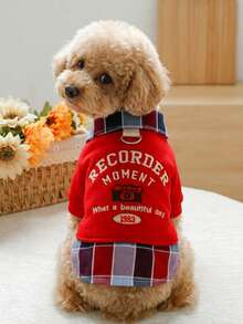 PETSIN 1 Piece Retro Plaid Lapel Patchwork Red Pet Hoodie, Embroidered Camera Small Cat And Dog Retro Style Clothes - Red - View 3