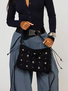 MUSERA Black Suede Stud Fringe Shoulder Bag Detail Fall Autumn Winter Streetwear Outfits - Black - View 1