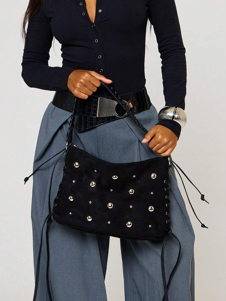 MUSERA Black Suede Stud Fringe Shoulder Bag Detail Fall Autumn Winter Streetwear Outfits - Black - View 1