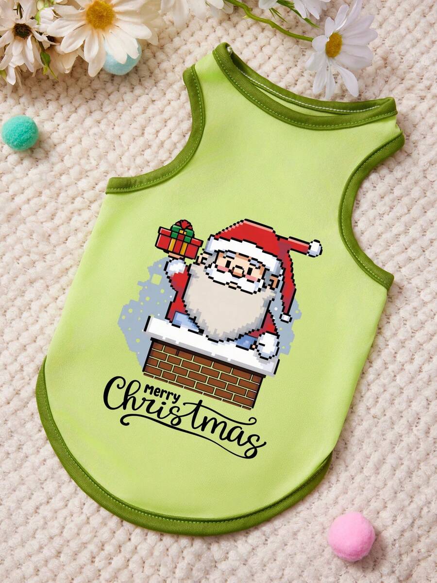 PETSIN 1 Pc Cute Santa Claus Jumping Chimney Printed Pet Tank Top Green Soft, Comfortable, Breathable Pet Clothing - Multicolor - View 1
