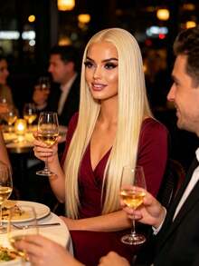 這是一款即戴式自然酒紅色長假髮，配備 13x4 高定義蕾絲前緣，200% 密度巴西原生預剪蕾絲前緣髮，直髮混髮，適合女性日常配戴 - 淺金 - 查看 5