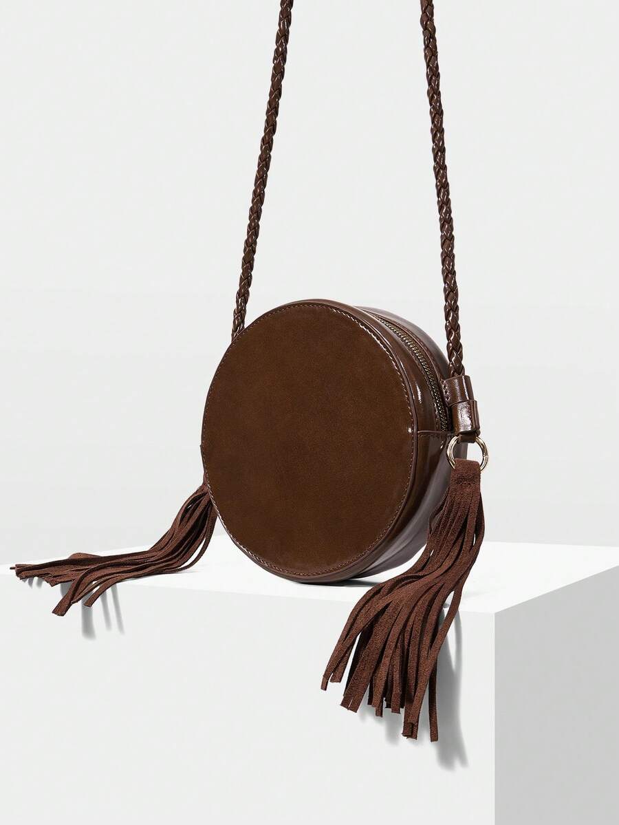 MOTF WOMEN'S FASHIONABLE BROWN ROUND SHOULDER BAG WITH WOVEN SHOULDER STRAPS AND CONTRASTING TASSELS FOR DAILY USE, COMMUTING, SHOPPING, TRAVEL, VACATION - Brown - View 2