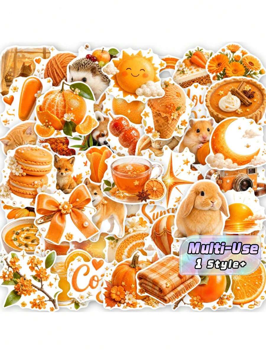 50Pcs Warm Orange Autumn Theme Stickers – Fall Aesthetic Plant Animal Element Decals For Journaling, Scrapbook, Notebook Planner Decor, Cozy Vibe - Multicolor - View 1