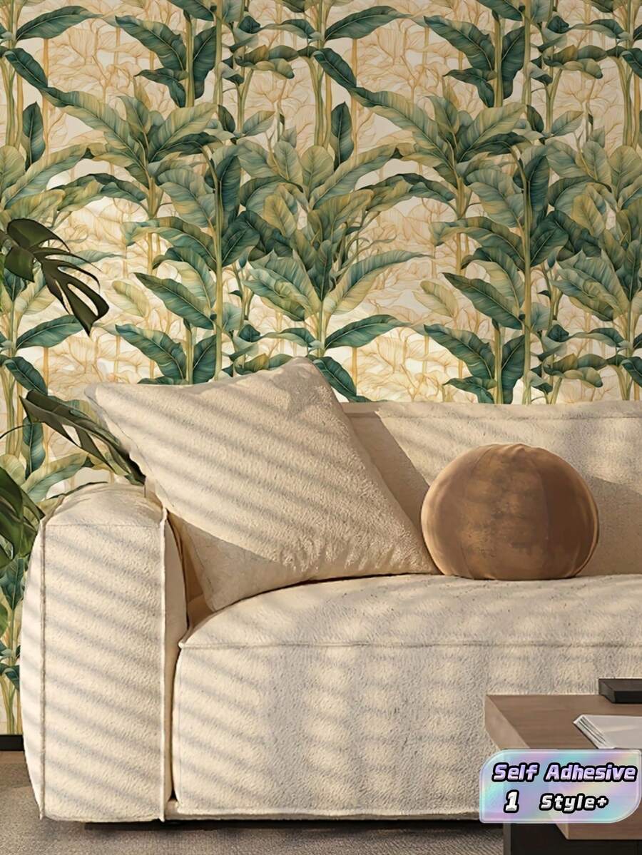 1 Roll Vintage Thick Tropical Tree Banana Leaf Regular Foliage Line Pattern Self Adhesive Waterproof Stainproof Wipeable Removable Wallpaper Sticker For Kitchen Cabinet Table Chair Room Background Renovation Home Decoration DIY Easy Install Durable - multicolor - View 1