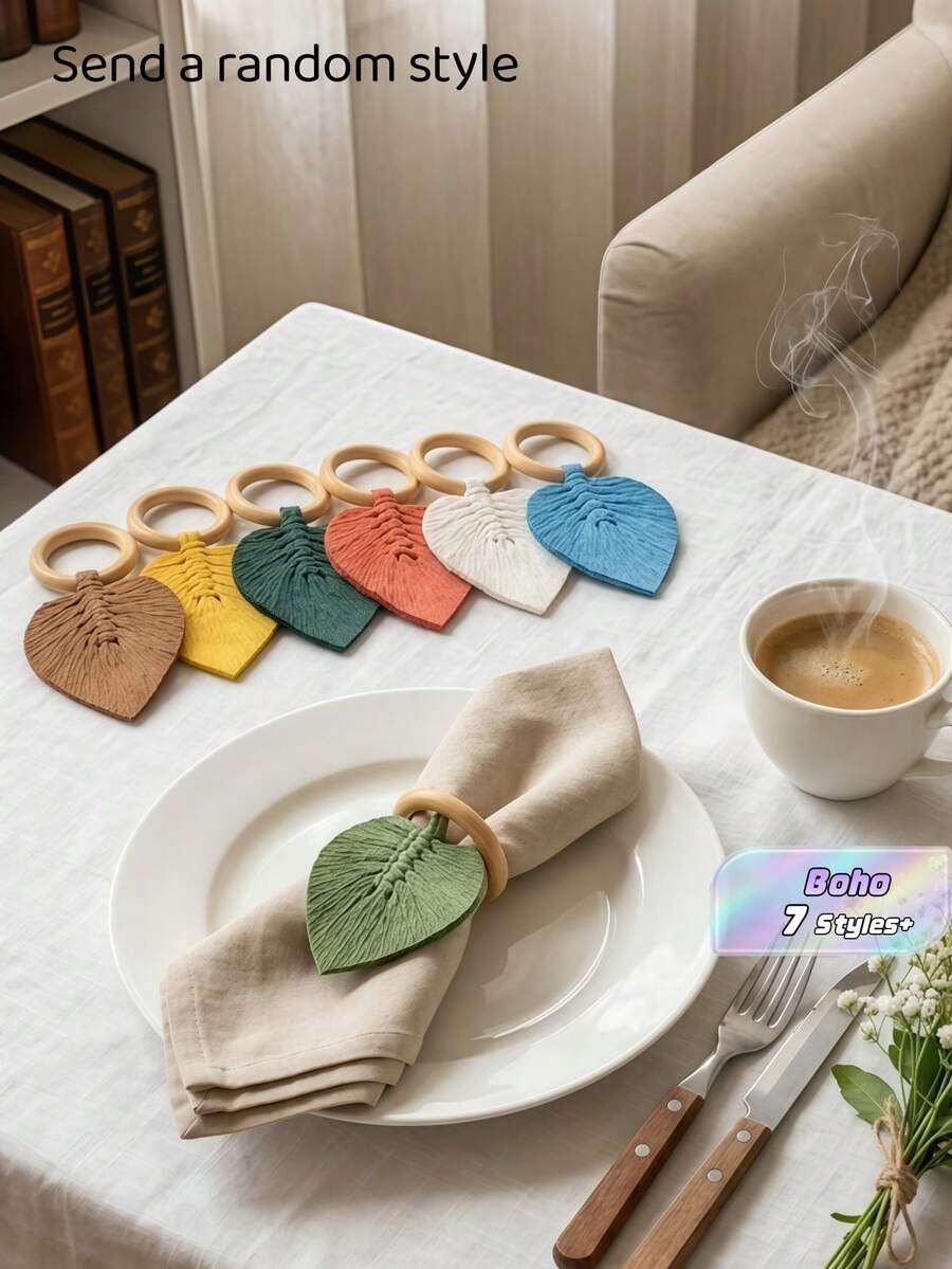 1 Pc Boho Handwoven Wooden Napkin Rings, Rustic Farmhouse Leaf Shape Napkin Holders For Table Setting, Macrame Natural Wood Ring Dinnerware Decor Accessories For Wedding Party Restaurant Kitchen, Hanging Ornament Pendant - Multicolor - View 1
