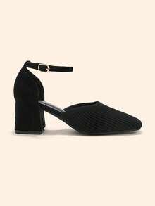CUCCOO BASICS Women's Square Toe Thick High Heel Black Knitted Hollow Women's Shoes Simple Versatile Commuting Daily Shopping Workplace - Black - View 3
