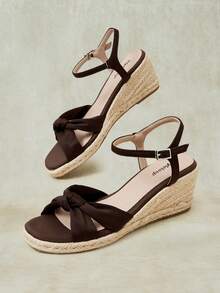 Styleloop Women Shoes Hemp Rope Bottom Brown Knotted Ankle Strap Bohemian Western Music Festival Wear Comfortable Breathable Wedge Heel Sandals - Coffee Brown 3 - View 3