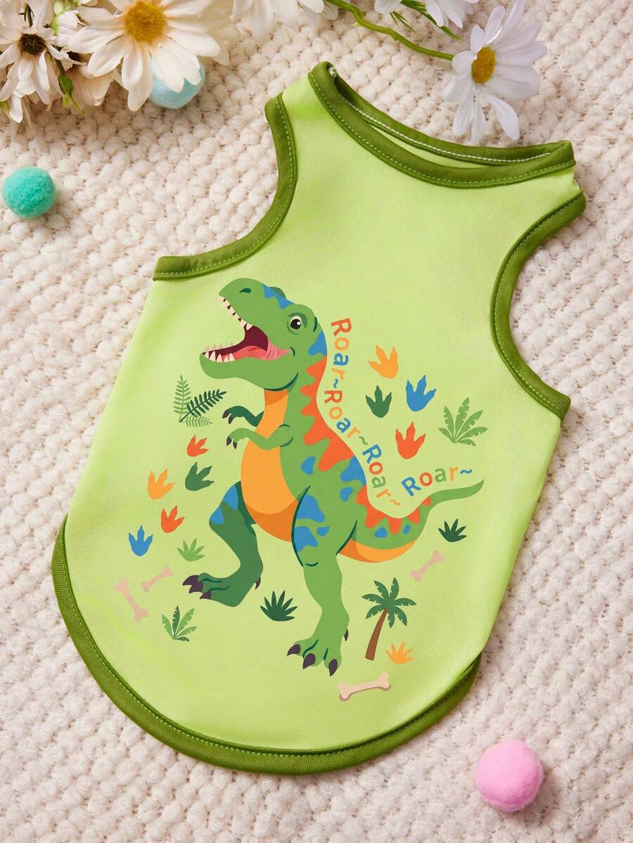 PETSIN 1 Piece Cute Green Dinosaur Letter Leaf Print Pet Vest With Green Edging, Soft And Comfortable Breathable Pet Clothing - Multicolor - View 1