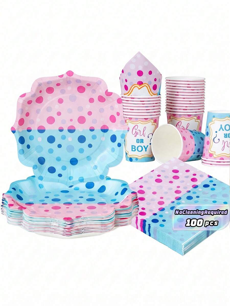A One-Time Party Supplies Set Featuring Pastel Blue Gender-Revealing Petal-Shaped Disposable Plates, Disposable Paper Plate Set (100pcs), Many Choices, Very Suitable For Birthday Parties, Family Picnics, Weddings And Other Gatherings. - Multicolor - View 1