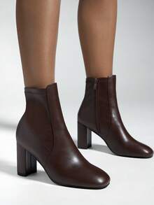 SHUZIA Women's Comfortable & Fashionable Almond Toe Side Zipper Block Heel Ankle Booties - Brown - View 2