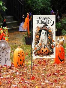 Happy Halloween Garden Flag, Double-Sided Small Pumpkin Light Bat Outdoor Yard Decor, Durable Polyester For Home, Patio, Party, Holiday, No Pole Included - multicolor - View 7