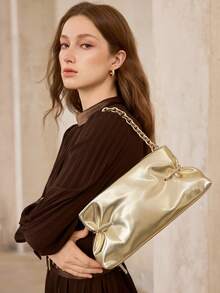 MOTF WOMEN'S FASHION GOLD SHOULDER BAG, EXQUISITE HARDWARE AND CHAIN DECORATION, SIMPLE CLUTCH BAG, FOR DAILY, COMMUTING, SHOPPING, FESTIVALS, PARTIES - Gold - View 7