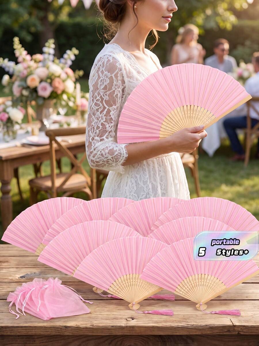 Elegant Folding Hand Fan Set, Includes Thank You Card And Gift Bag, Bride'S Bamboo Hand Fan, Suitable As Bridesmaid Gift And Wedding Decor, Perfect For Parties, Events, And Summer Accessory - Pink - View 1