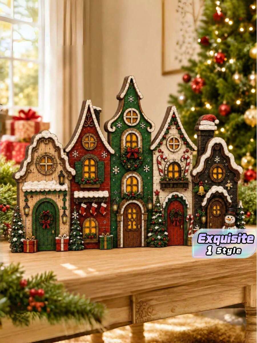 Wooden Christmas Village House Decor, 15x22cm Rustic Distressed Tabletop Shelf Sitter With Snowman & Lights, Holiday Home Ornament - View 1