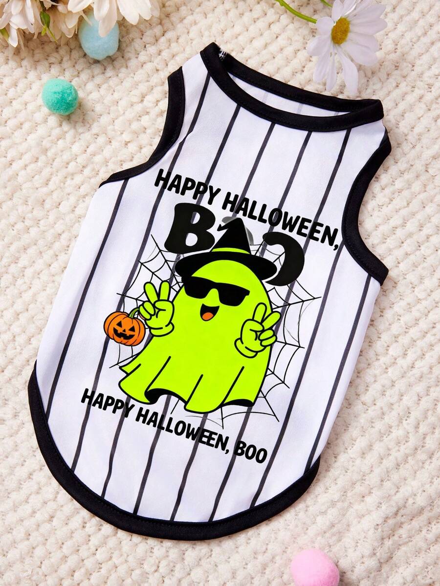 PETSIN 1pc Fluorescent Ghost Biye Spider Web Halloween Letter Printed Pet Tank Top Black And White Stripes Soft, Comfortable, Breathable Pet Clothes - Multicolor - View 1