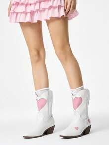 ROMWE Fairycore 女款粉色西部靴，尖頭V領粗跟刺繡靴，低跟木屐鞋，拉鍊騎士靴與短靴，春季鞋款 - 白色+粉色愛心 - 查看 2