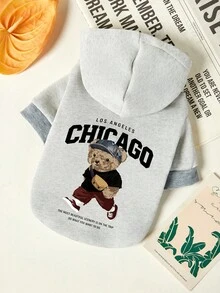PETSIN 1 Piece Of Printed Pet Hoodie With A Walking Teddy Bear And The Letters CHICAGO, Featuring A Grey Casual Style, Soft, Comfortable, Breathable, And Warm Pet Clothing - Multicolor - View 1