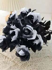 5/12pcs Artificial Black And White Roses Bouquet, Plastic Gothic Fake Flowers For Wedding, Halloween Decor Realistic Rose Stem For Home Office Display Home Decor Room Decor - Multicolor - View 2