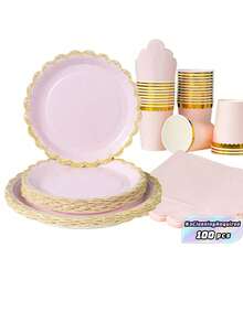 Light Pink Petal-Shaped Paper Plates With Gold Lace, Disposable Tableware Set Including Plates, Napkins, And Paper Cups, Perfect For A Party With 25 Guests. This Disposable Tableware Set Is Ideal For Birthdays, Weddings, Parties, And Family Picnics - Multicolor - View 1