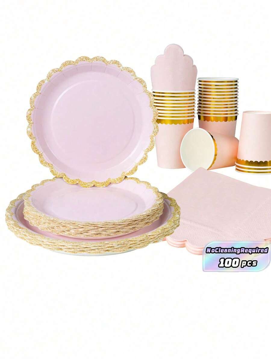 Light Pink Petal-Shaped Paper Plates With Gold Lace, Disposable Tableware Set Including Plates, Napkins, And Paper Cups, Perfect For A Party With 25 Guests. This Disposable Tableware Set Is Ideal For Birthdays, Weddings, Parties, And Family Picnics - Multicolor - View 1